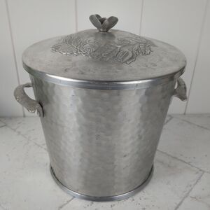 Vintage Hammered Aluminum Ice Bucket Floral Rose Midcentury Art Nouveau